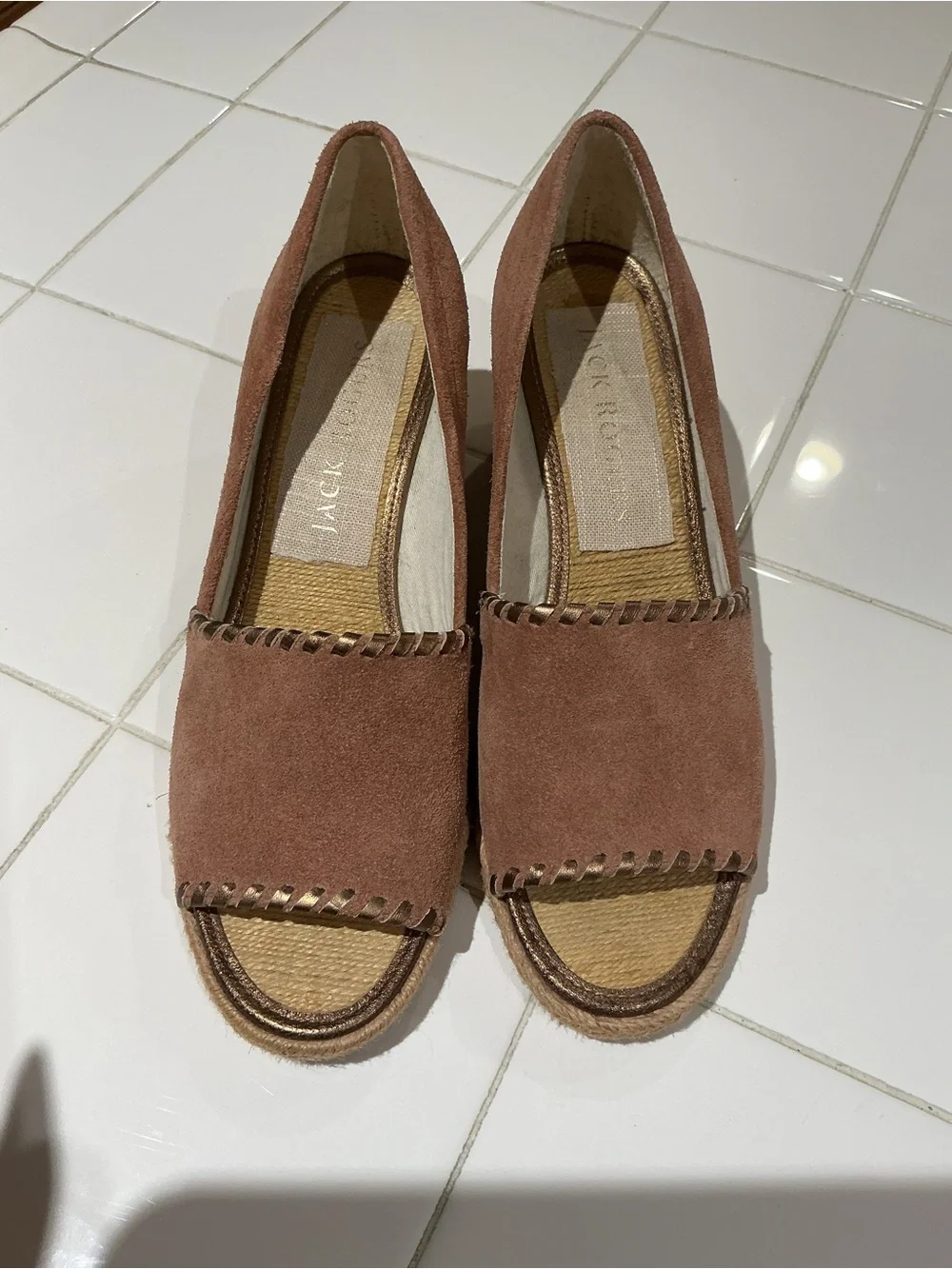 Jack Rogers Palmer Espadrille Wedge Sandals Rose Gold Suede Whipstitch Peep Toe